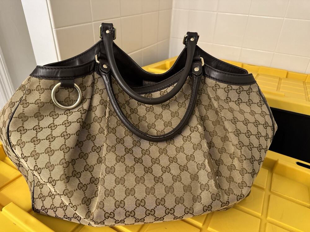 Gucci Sukey Large Original GG Canvas Tote Supreme Cloth Handbag Leather Brown